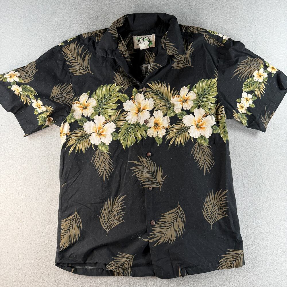 KY'S Hawaiian Aloha Shirt Mens M Black Hibiscus Floral 100% Cotton Made Hawaii
